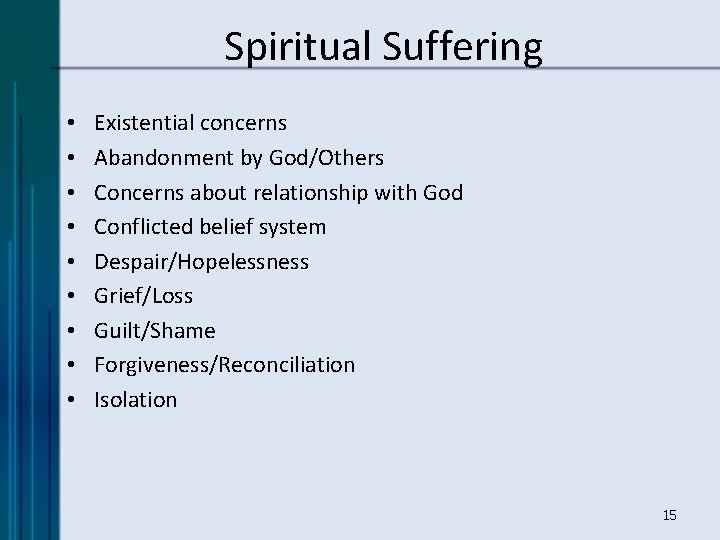 Spiritual Suffering • • • Existential concerns Abandonment by God/Others Concerns about relationship with
