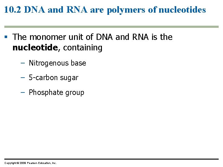 10. 2 DNA and RNA are polymers of nucleotides § The monomer unit of