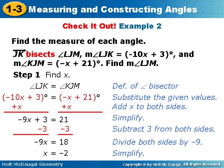 1 -3 Measuring and Constructing Angles Check It Out! Example 2 Find the measure