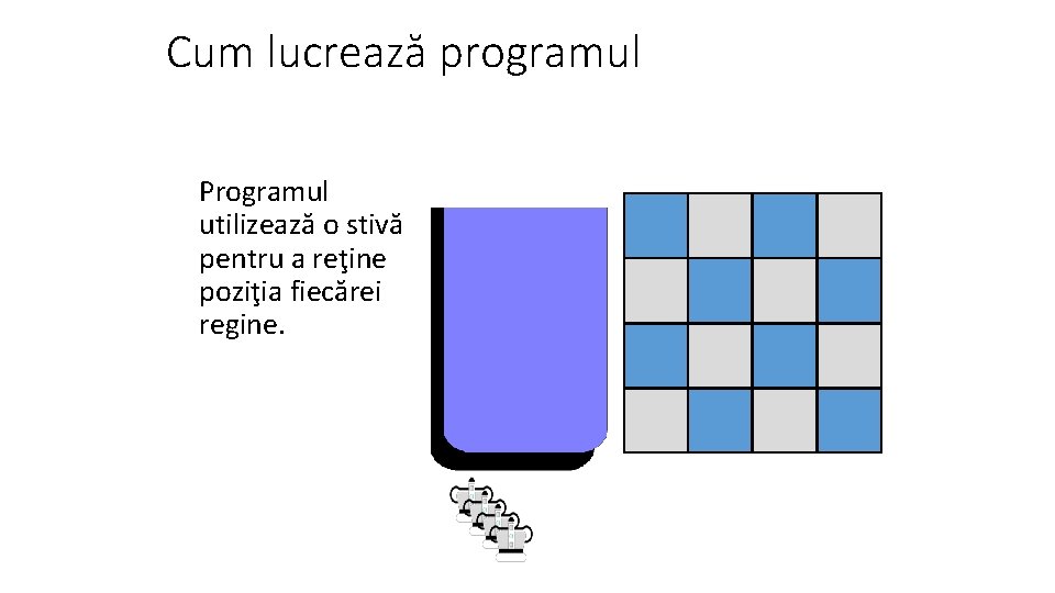 Cum lucrează programul Programul utilizează o stivă pentru a reţine poziţia fiecărei regine. 