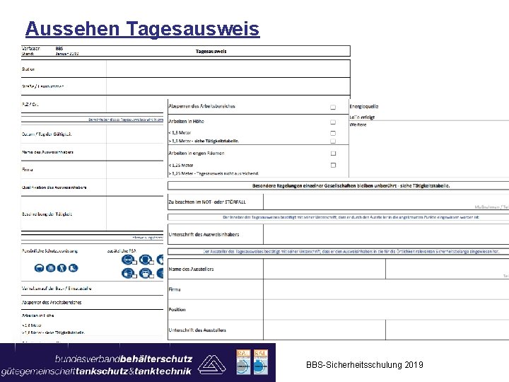 Aussehen Tagesausweis BBS-Sicherheitsschulung 2019 