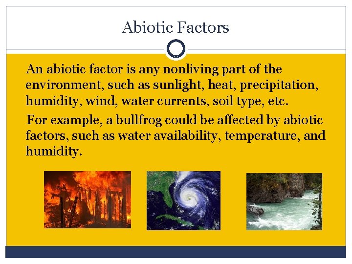 Abiotic Factors An abiotic factor is any nonliving part of the environment, such as