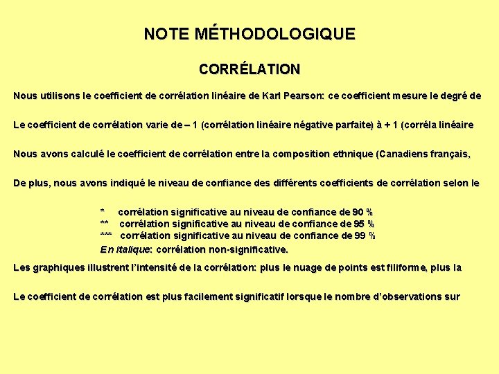 NOTE MÉTHODOLOGIQUE CORRÉLATION Nous utilisons le coefficient de corrélation linéaire de Karl Pearson: ce