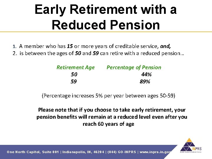 Early Retirement with a Reduced Pension 1. A member who has 15 or more