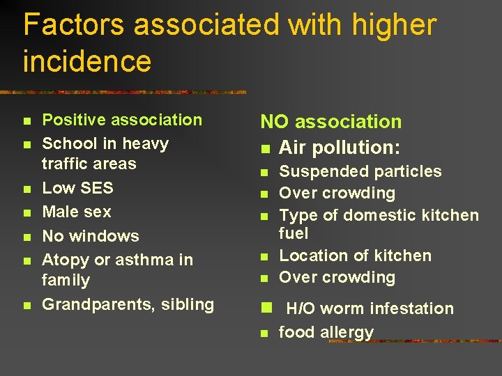 Factors associated with higher incidence n n n n Positive association School in heavy