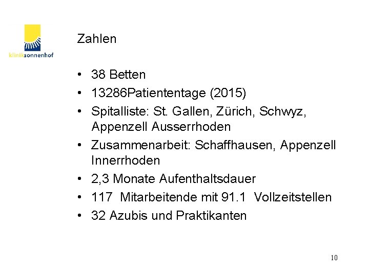Zahlen • 38 Betten • 13286 Patiententage (2015) • Spitalliste: St. Gallen, Zürich, Schwyz,