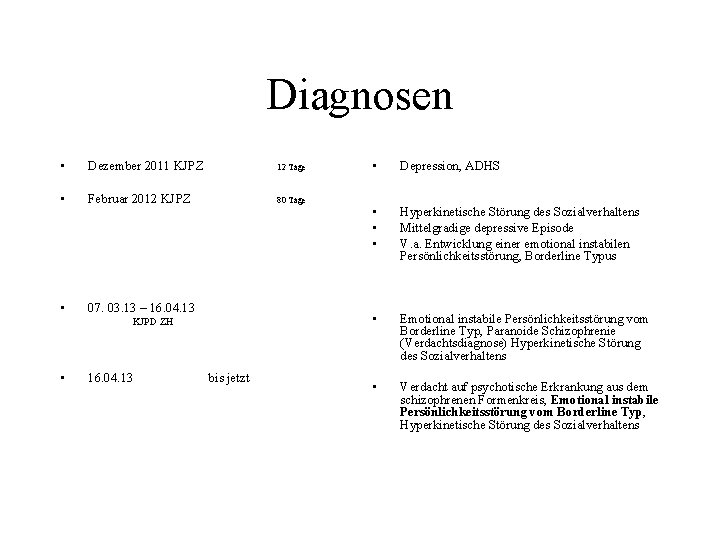 Diagnosen • Dezember 2011 KJPZ 12 Tage • Februar 2012 KJPZ 80 Tage •