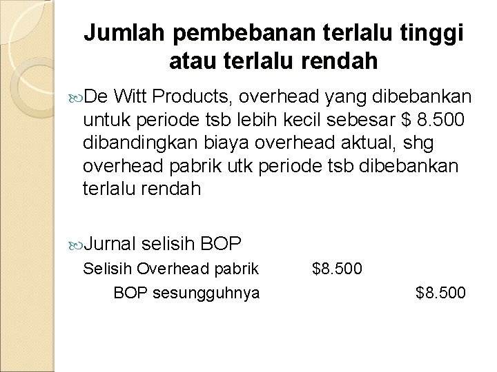 Jumlah pembebanan terlalu tinggi atau terlalu rendah De Witt Products, overhead yang dibebankan untuk