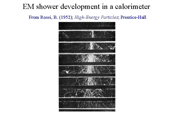 EM shower development in a calorimeter From Rossi, B. (1952); High-Energy Particles; Prentice-Hall 