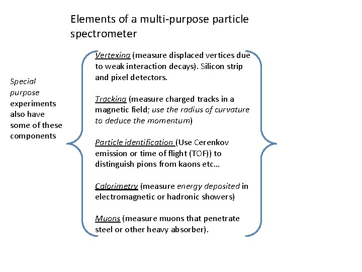 Elements of a multi-purpose particle spectrometer Special purpose experiments also have some of these