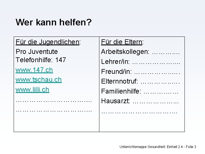 Wer kann helfen? Für die Jugendlichen: Pro Juventute Telefonhilfe: 147 www. 147. ch www.