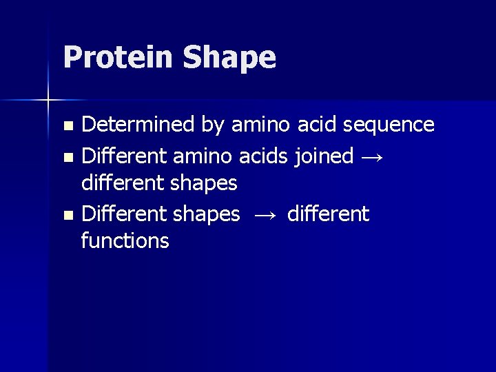 Protein Shape Determined by amino acid sequence n Different amino acids joined → different