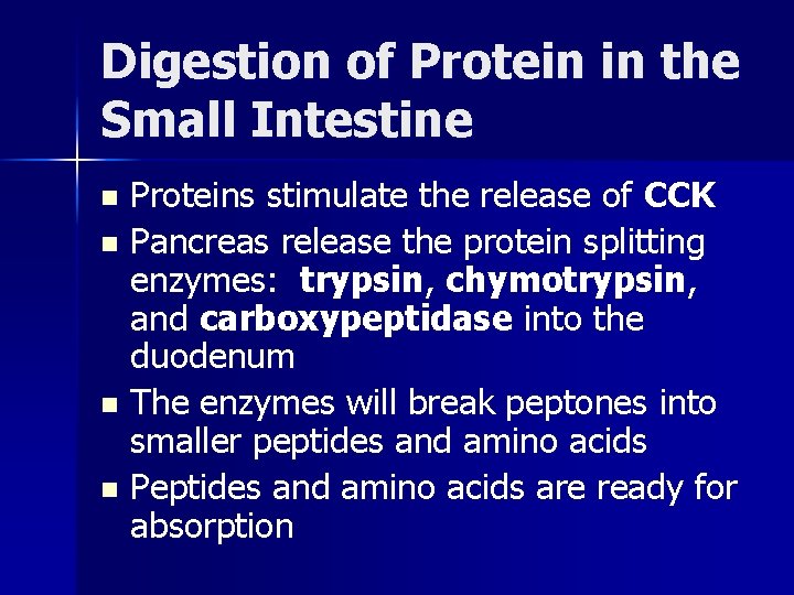 Digestion of Protein in the Small Intestine Proteins stimulate the release of CCK n