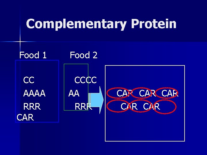 Complementary Protein Food 1 Food 2 CC AAAA RRR CAR CCCC AA RRR CAR