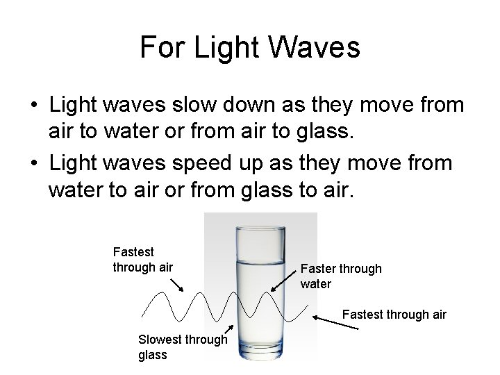 For Light Waves • Light waves slow down as they move from air to
