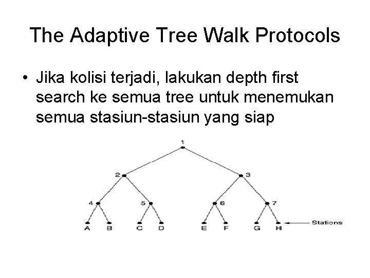 The Adaptive Tree Walk Protocols • Jika kolisi terjadi, lakukan depth first search ke The Adaptive Tree Walk Protocols • Jika kolisi terjadi, lakukan depth first search ke