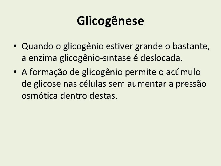 Glicogênese • Quando o glicogênio estiver grande o bastante, a enzima glicogênio-sintase é deslocada.