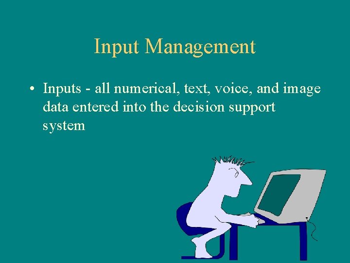 Input Management • Inputs - all numerical, text, voice, and image data entered into