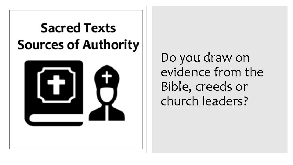Do you draw on evidence from the Bible, creeds or church leaders?  Do you draw on evidence from the Bible, creeds or church leaders?