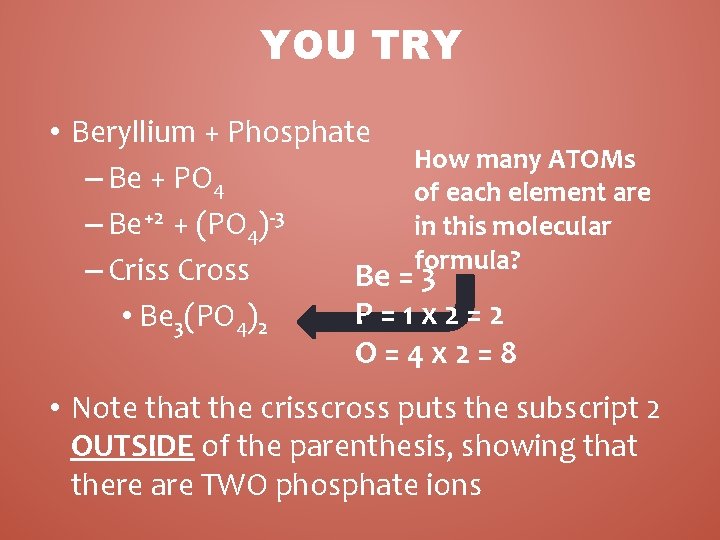 YOU TRY • Beryllium + Phosphate How many ATOMs – Be + PO 4