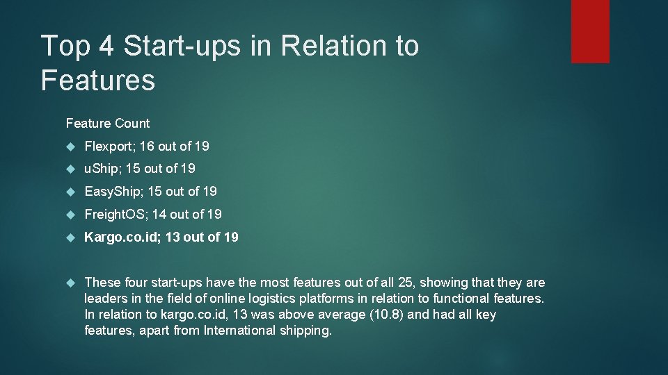 Top 4 Start-ups in Relation to Features Feature Count Flexport; 16 out of 19
