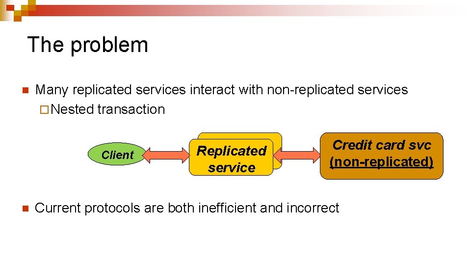 The problem n Many replicated services interact with non-replicated services ¨ Nested transaction Client