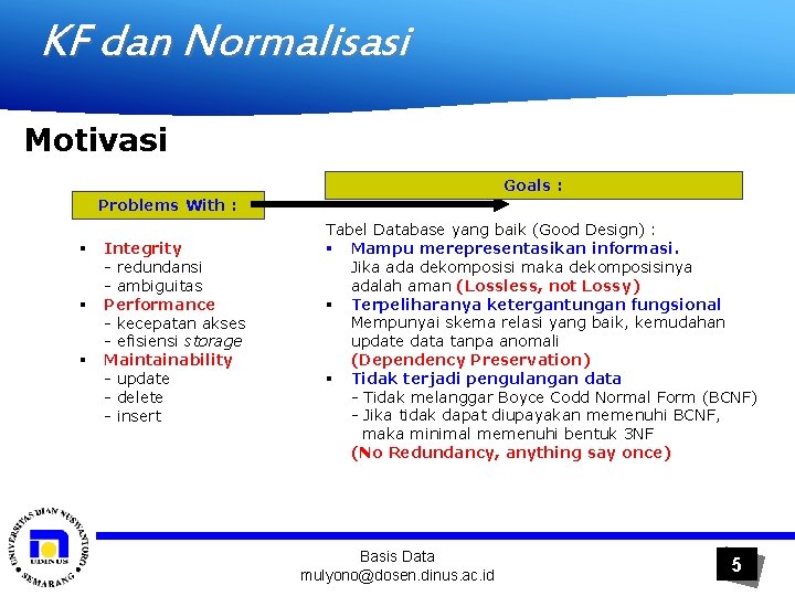 KF dan Normalisasi Motivasi Goals : Problems With : § § § Integrity -