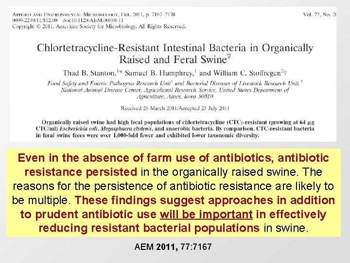 Even in the absence of farm use of antibiotics, antibiotic resistance persisted in the