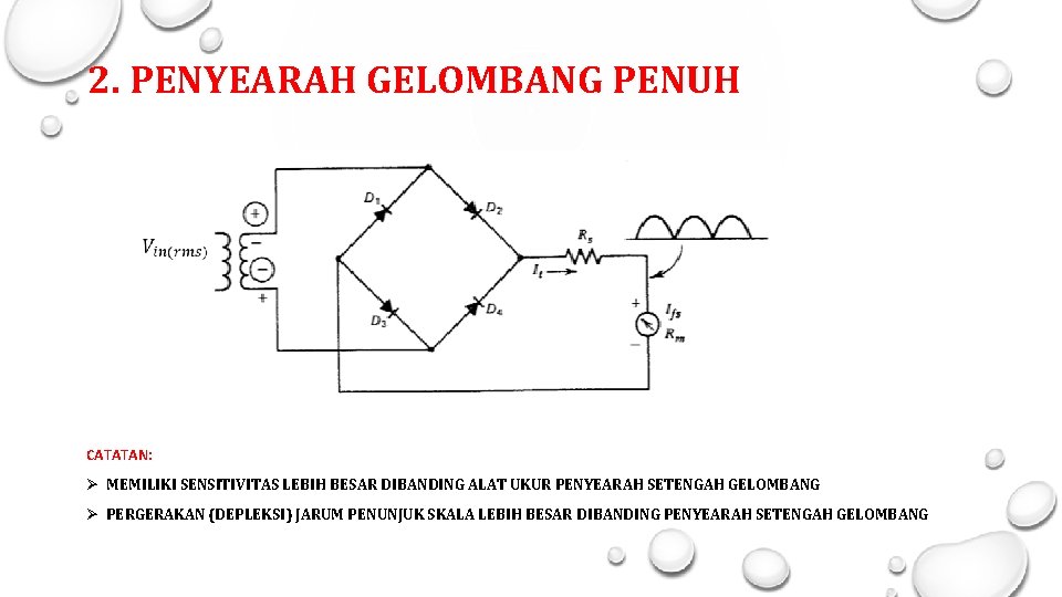 2. PENYEARAH GELOMBANG PENUH CATATAN: Ø MEMILIKI SENSITIVITAS LEBIH BESAR DIBANDING ALAT UKUR PENYEARAH