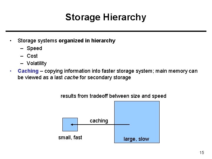 Storage Hierarchy • • Storage systems organized in hierarchy – Speed – Cost –