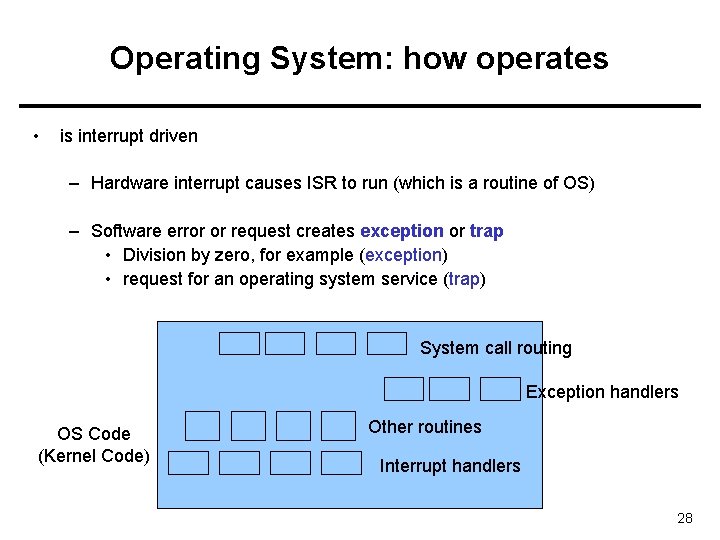 Operating System: how operates • is interrupt driven – Hardware interrupt causes ISR to
