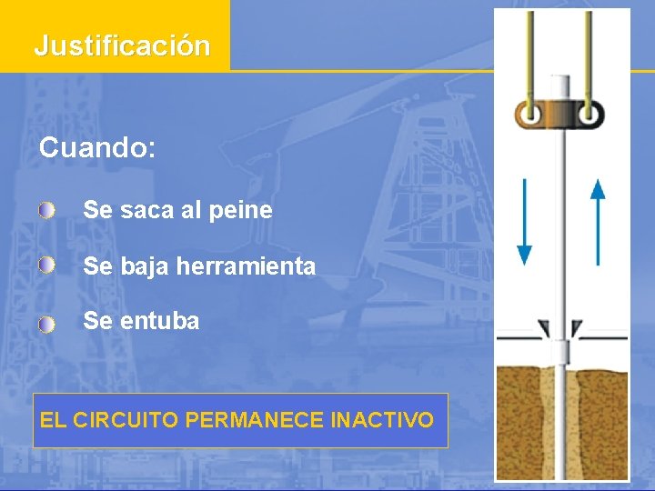 Justificación Cuando: Se saca al peine Se baja herramienta Se entuba EL CIRCUITO PERMANECE