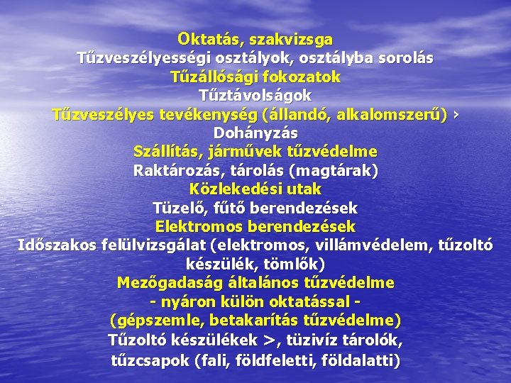 Oktatás, szakvizsga Tűzveszélyességi osztályok, osztályba sorolás Tűzállósági fokozatok Tűztávolságok Tűzveszélyes tevékenység (állandó, alkalomszerű) ›