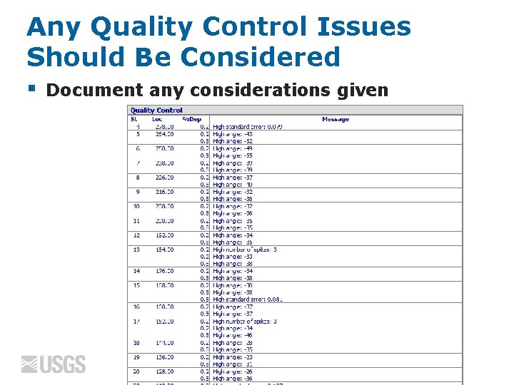 Any Quality Control Issues Should Be Considered § Document any considerations given 