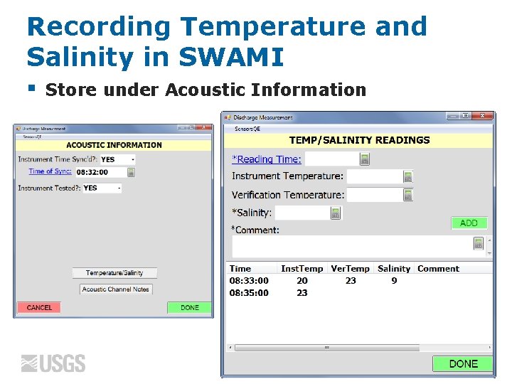 Recording Temperature and Salinity in SWAMI § Store under Acoustic Information 