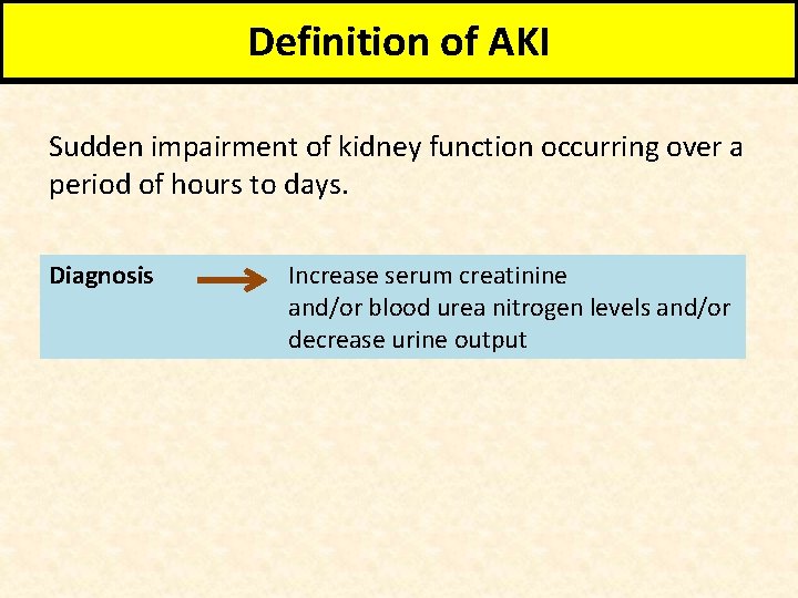 Definition of AKI Sudden impairment of kidney function occurring over a period of hours