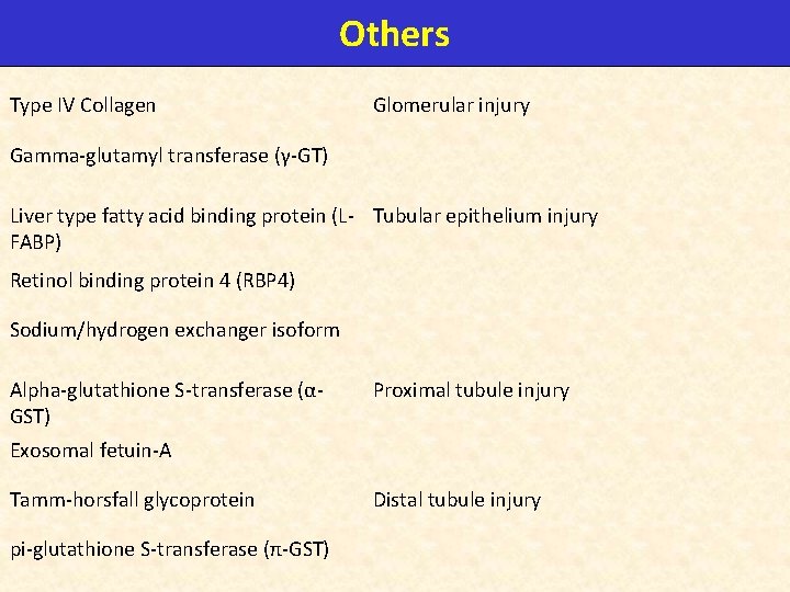 Others Type IV Collagen Glomerular injury Gamma-glutamyl transferase (γ-GT) Liver type fatty acid binding