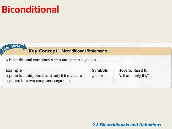 Biconditional 2. 3 Biconditionals and Definitions Biconditional 2. 3 Biconditionals and Definitions