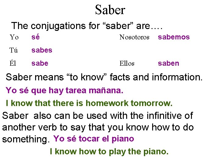 Saber The conjugations for “saber” are…. Yo sé Tú sabes Él sabe Nosotoros sabemos