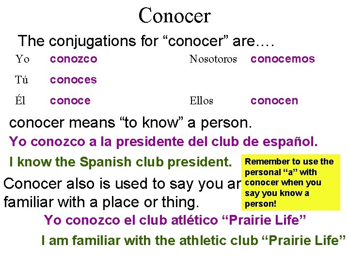 Conocer The conjugations for “conocer” are…. Yo conozco Tú conoces Él conoce Nosotoros conocemos