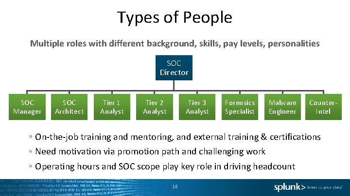 Types of People Multiple roles with different background, skills, pay levels, personalities SOC Director