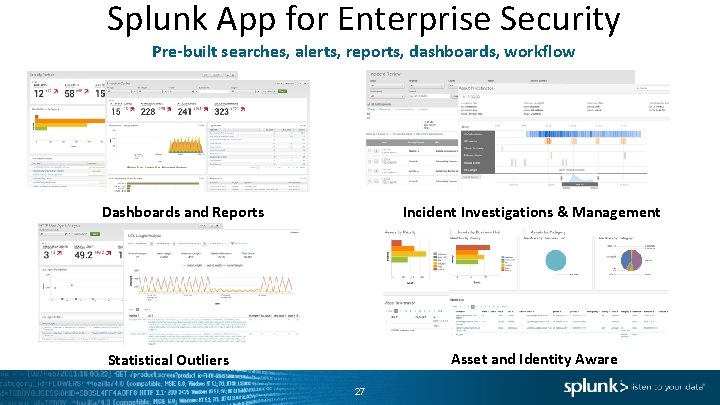 Splunk App for Enterprise Security Pre-built searches, alerts, reports, dashboards, workflow Dashboards and Reports