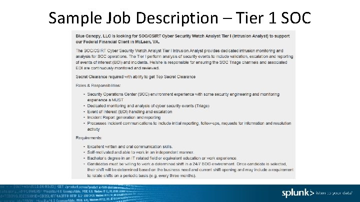 Sample Job Description – Tier 1 SOC 