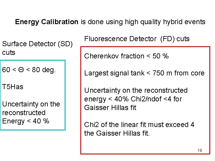 Energy Calibration is done using high quality hybrid events Surface Detector (SD) cuts Fluorescence