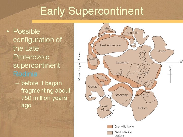 Early Supercontinent • Possible configuration of the Late Proterozoic supercontinent Rodinia – before it