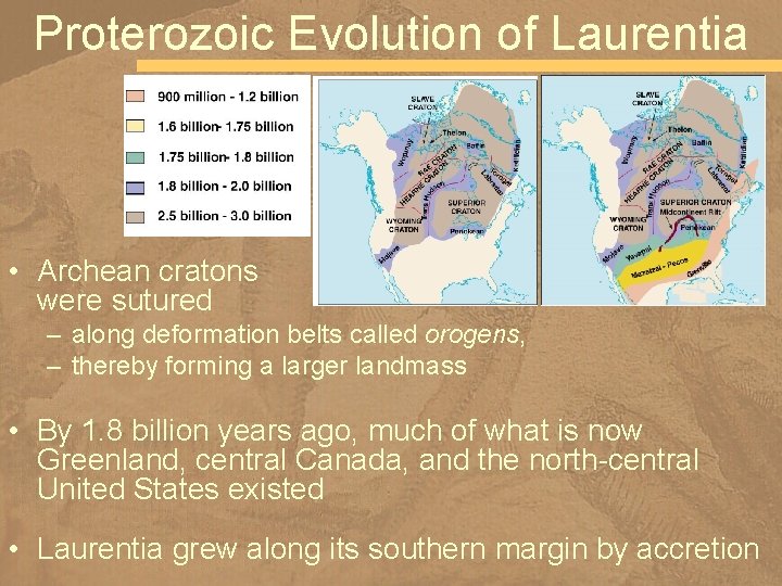 Proterozoic Evolution of Laurentia • Archean cratons were sutured – along deformation belts called