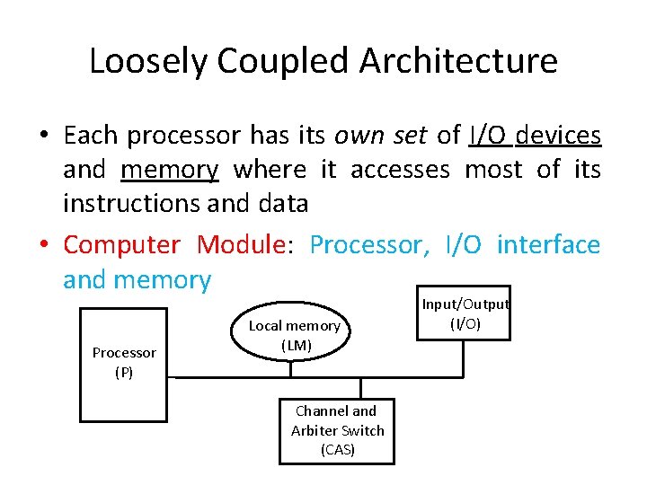 Loosely Coupled Architecture • Each processor has its own set of I/O devices and