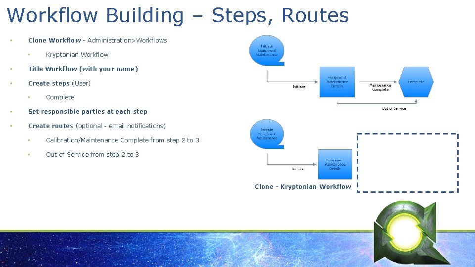 Workflow Building – Steps, Routes • Clone Workflow - Administration>Workflows • Kryptonian Workflow •