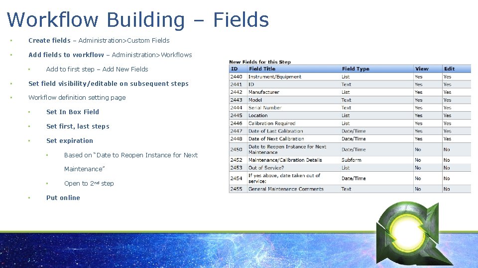 Workflow Building – Fields • Create fields – Administration>Custom Fields • Add fields to