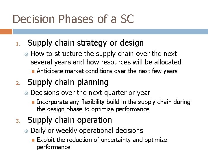 Decision Phases of a SC 1. Supply chain strategy or design How to structure